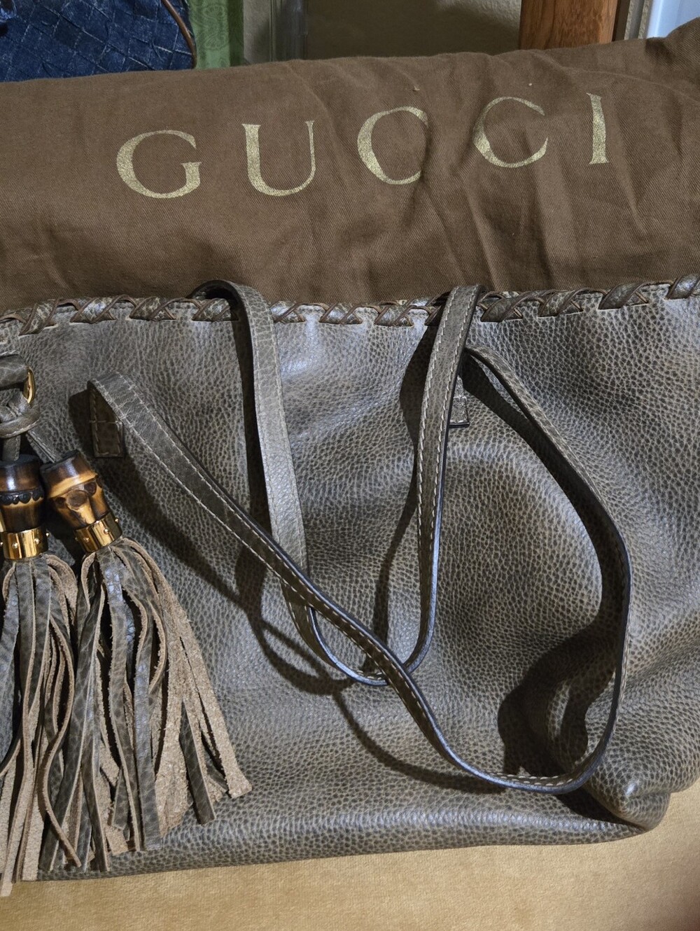 Gucci Bamboo Tassel Pebbled Leather Tote Bag - Olive / Khaki Grey (Authentic)